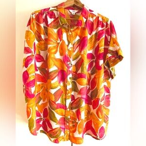 Time and Tru Women's Floral Button-Up Top - Pink, Orange, Green